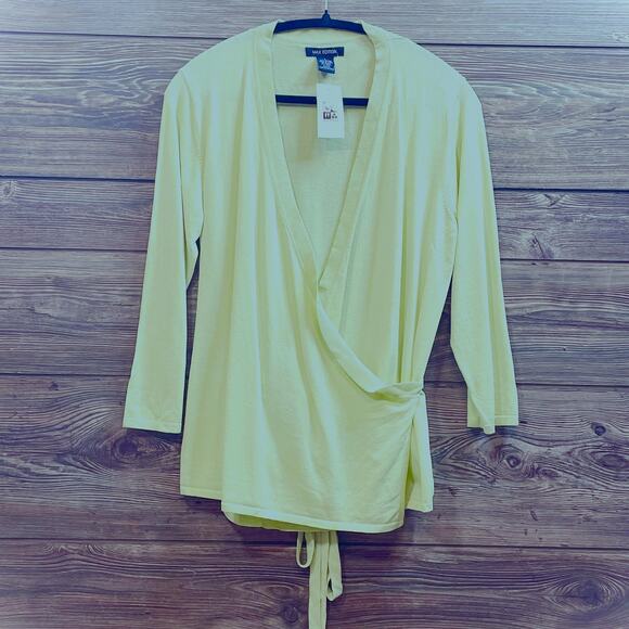 MAX EDITION Neon Green Tie Belt Knit Wrap Top Sweater Shirt Blouse SZ L C101961 - Picture 2 of 8